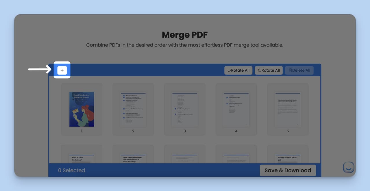 The second step of the Merge PDF Tool is adding a file.
