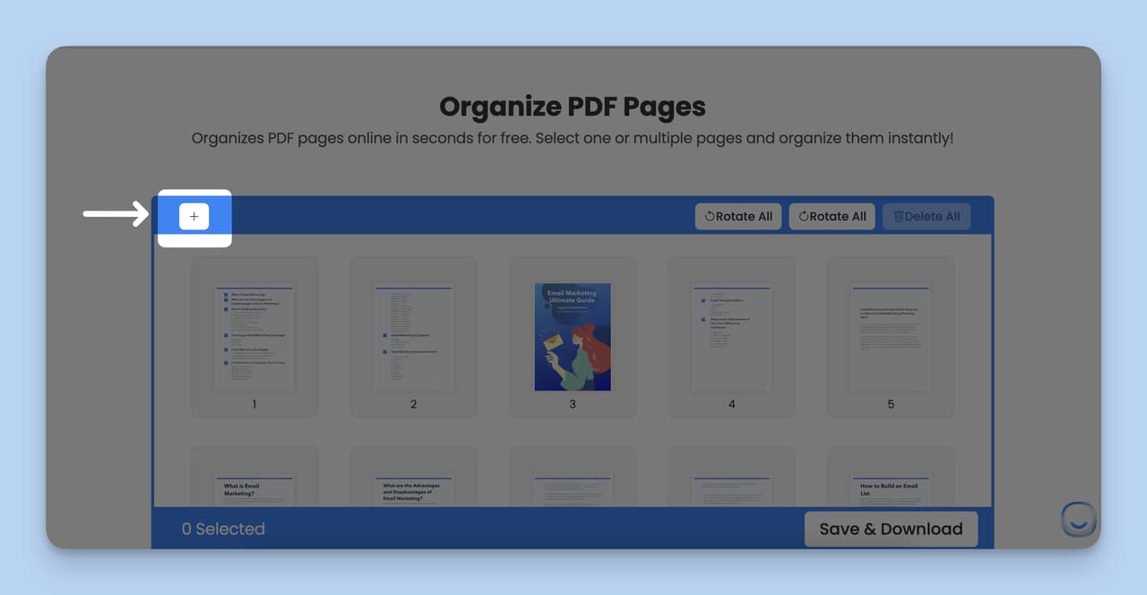 Adding a file step, which is the third step of Organize PDF Tool
