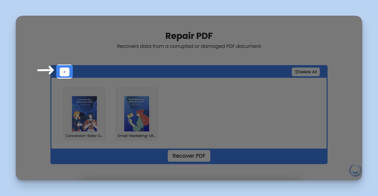 Adding a file step, which is the second step of the Repair PDF Tool