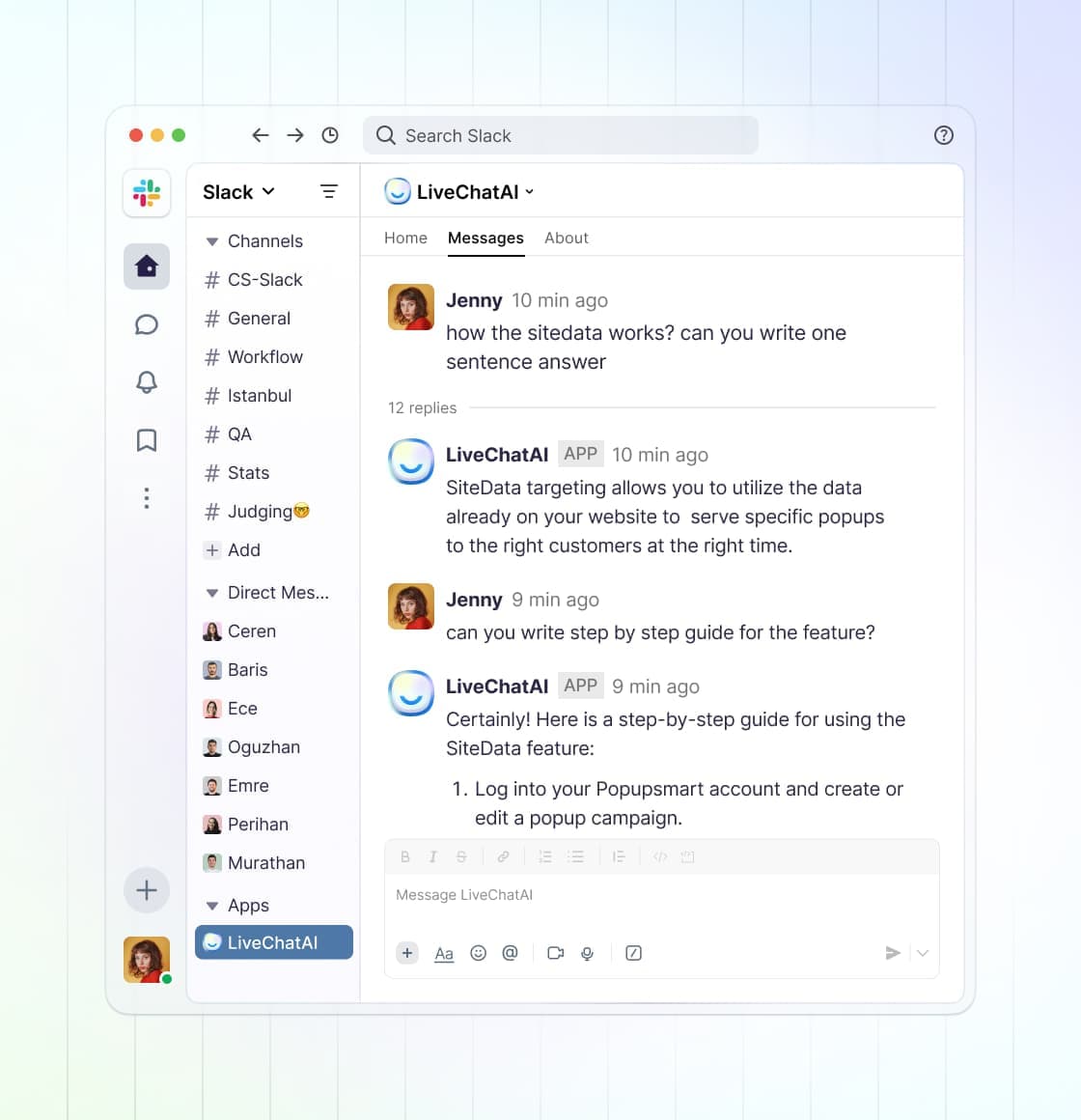 LiveChatAI integrated with a Slack workspace