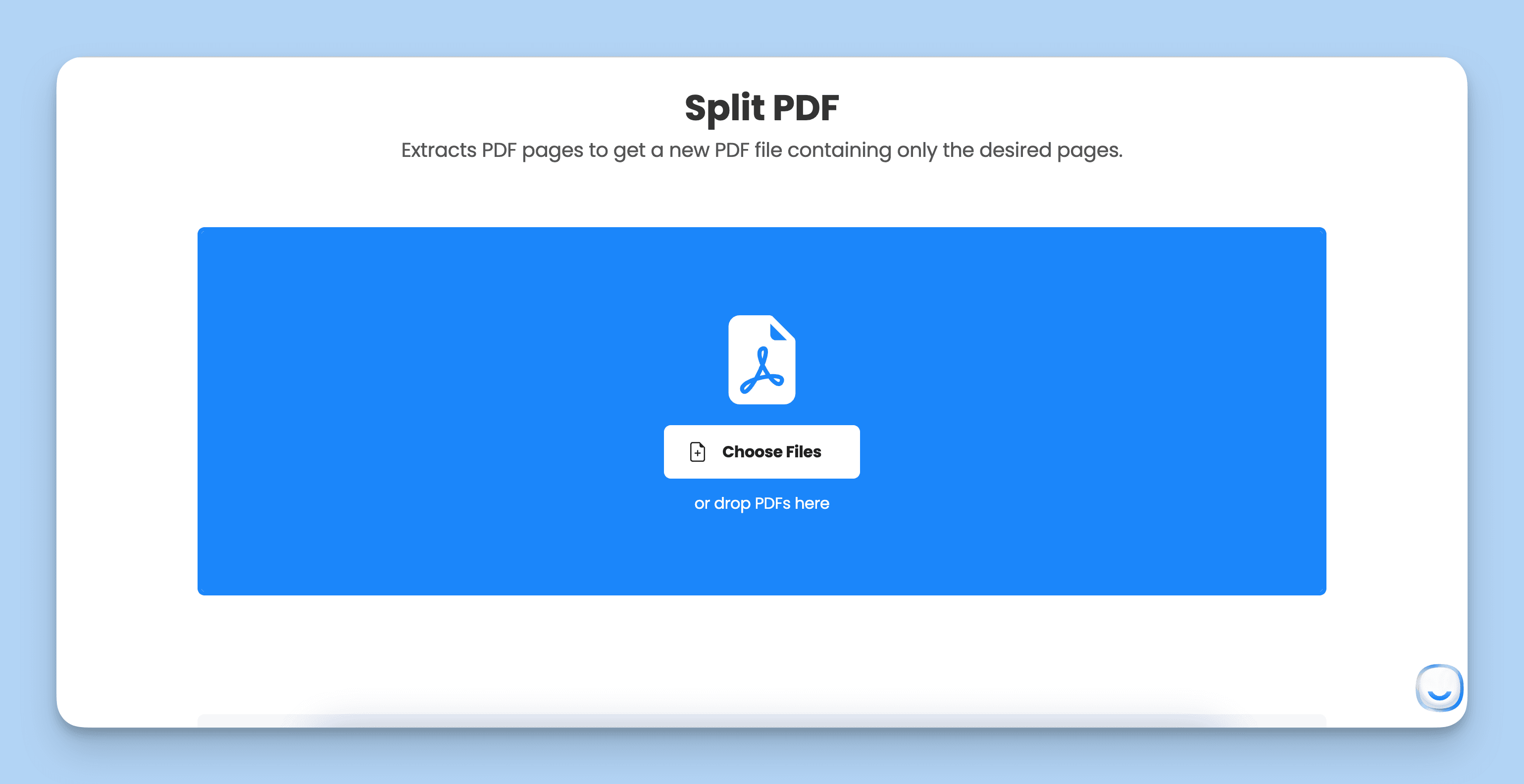 The first step of the Split PDF Tool is the file selection step.