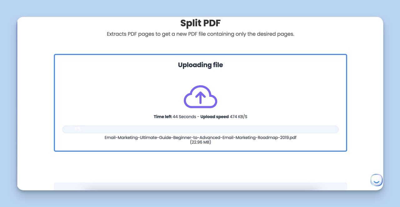 The processing step, which is the fourth step of the Split PDF Tool.