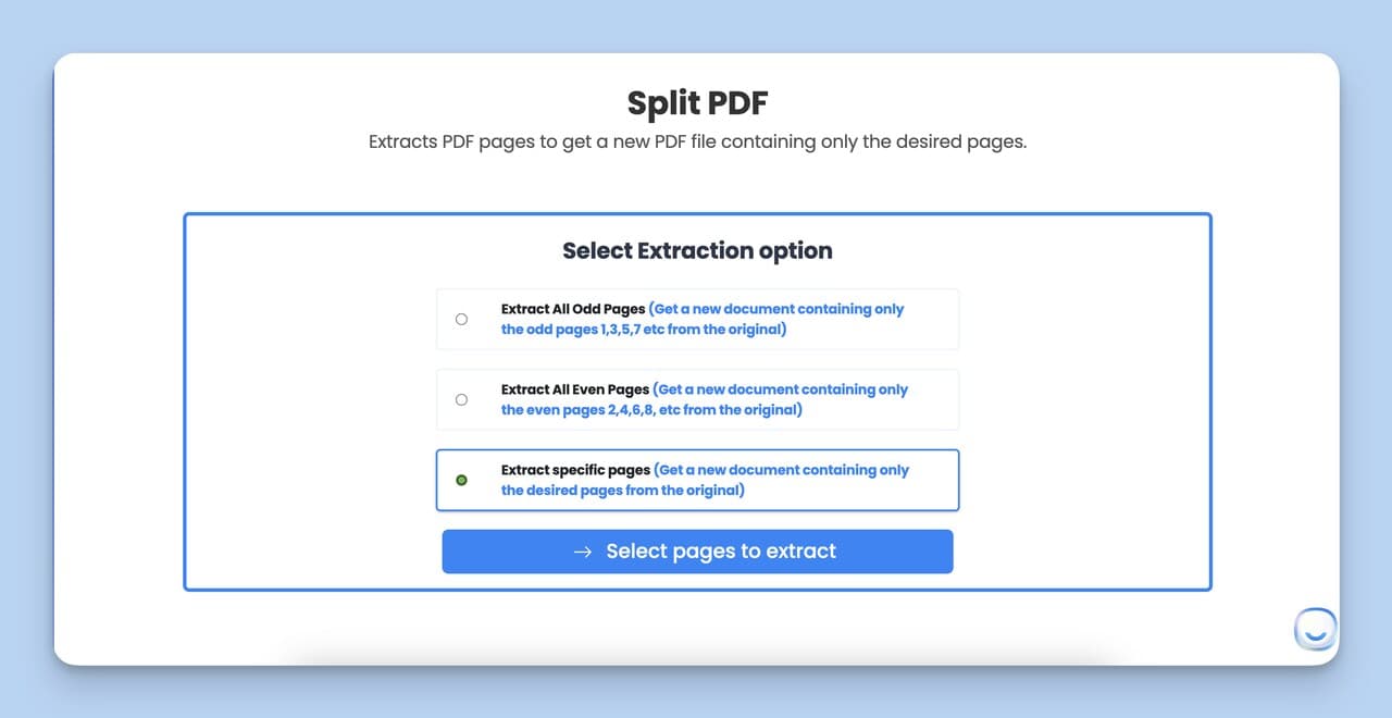 The second step of the Split PDF Tool is to select the page to extract.