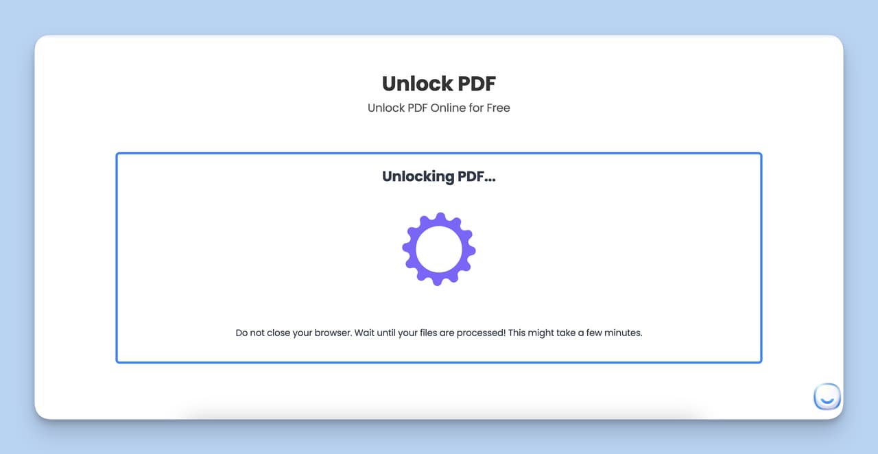The processing step, which is the third step of the Unlock PDF Tool