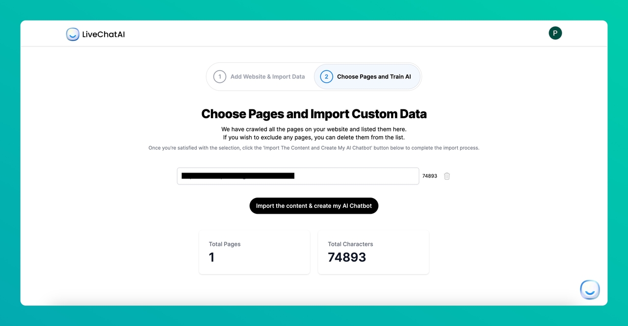 choose pages and import data for your AI chatbot on LiveChatAI