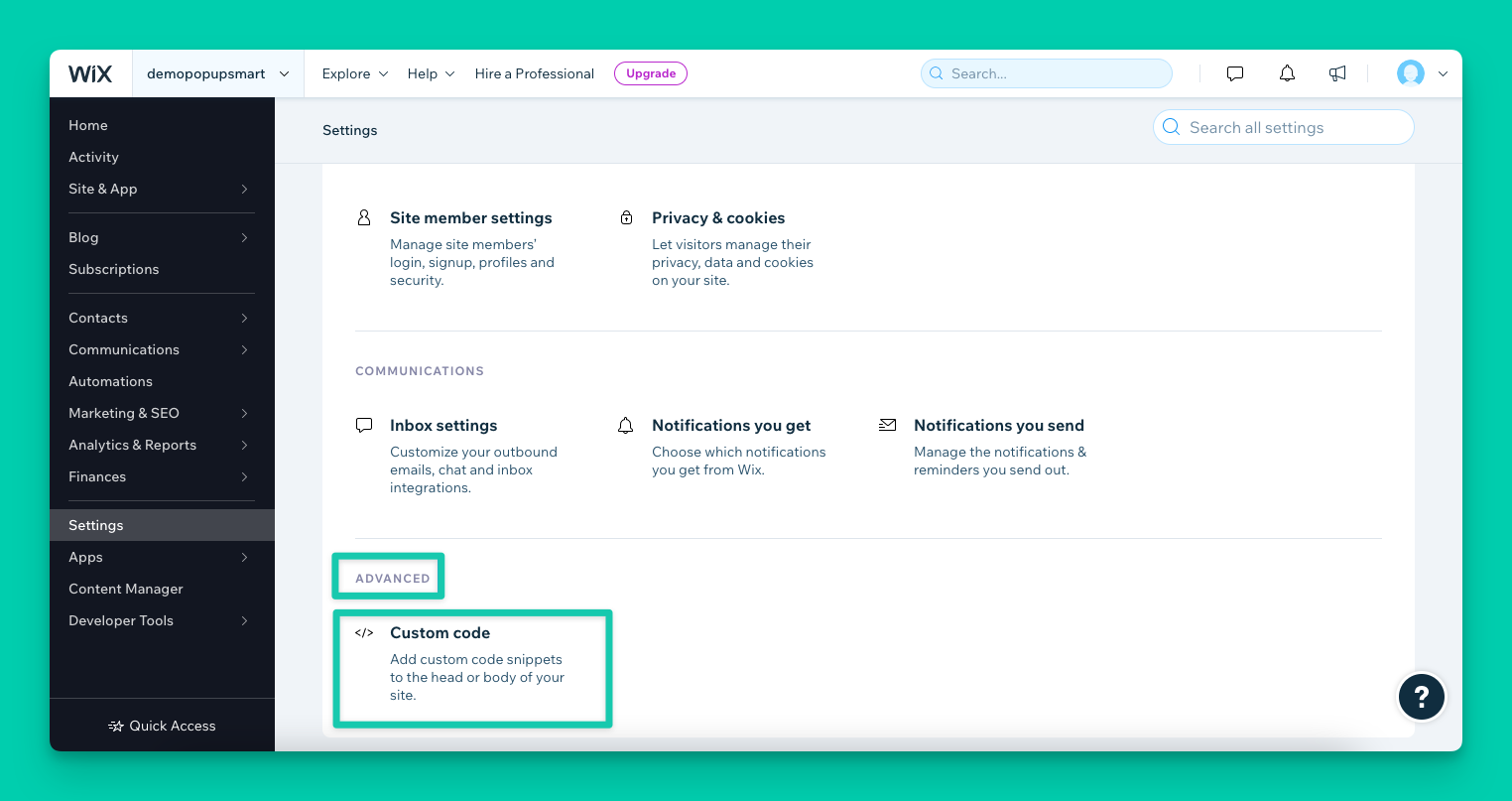 the Advanced settings’ custom code on the Wix dashboard