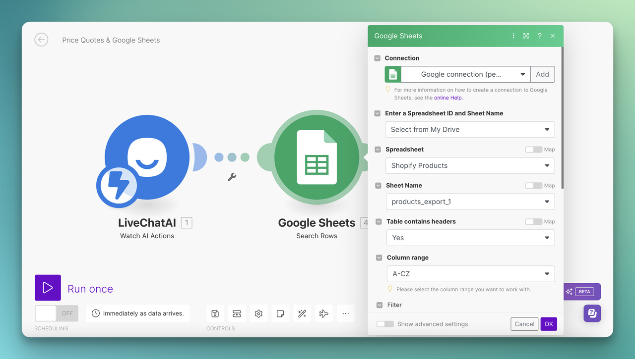 Google Sheets module on Make.com to search rows