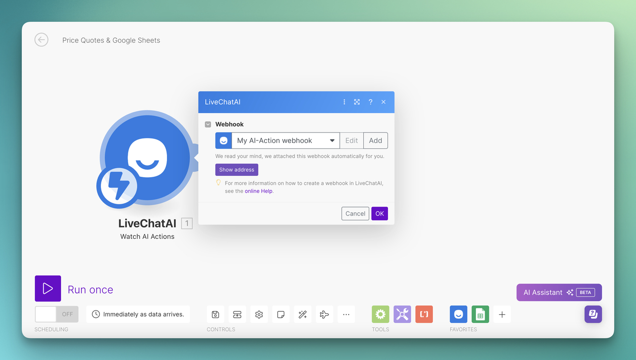 LiveChatAI module on Make.com to watch AI actions