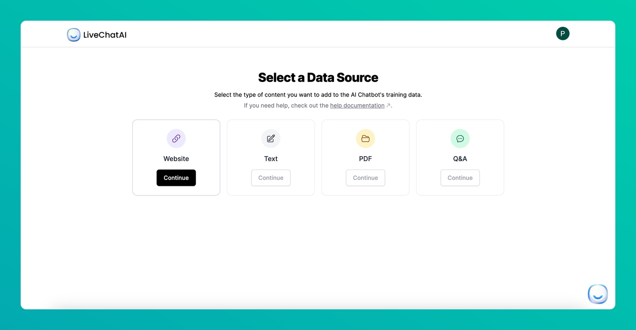 selecting data source on LiveChatAI