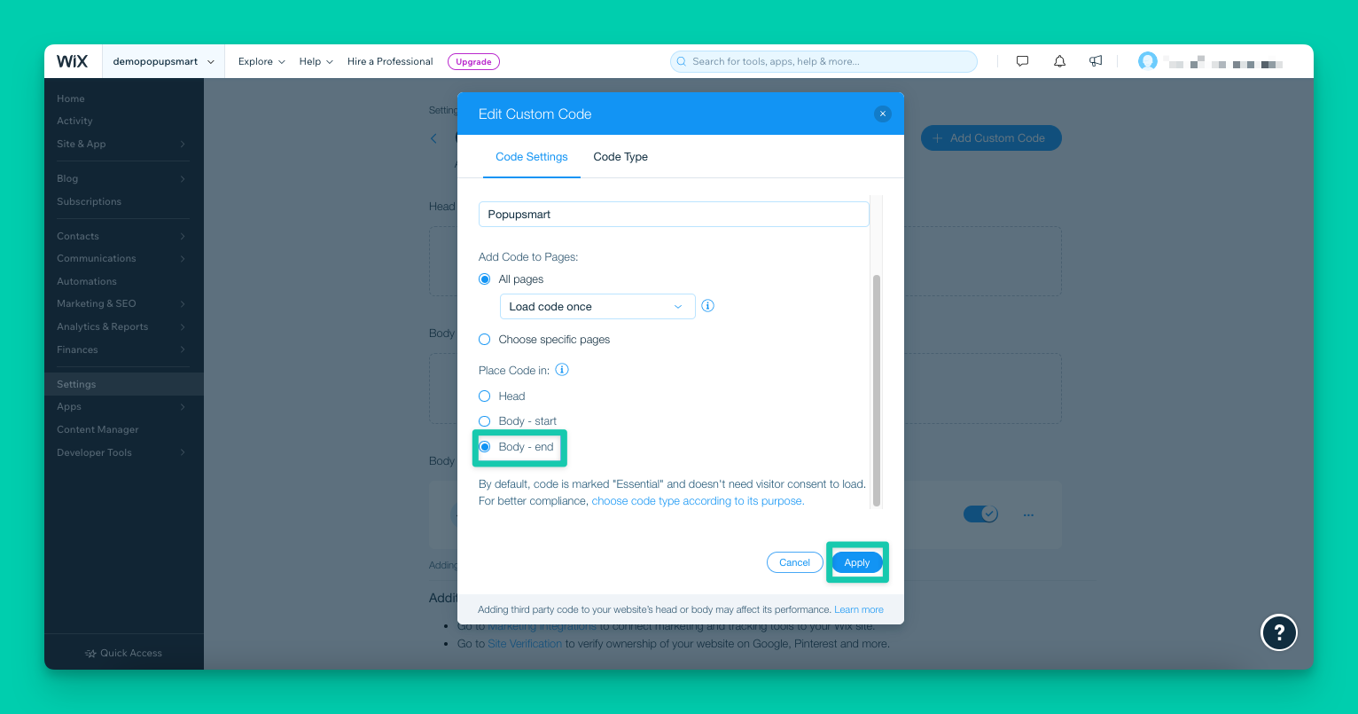 the Body-end on the modal of Wix custom code