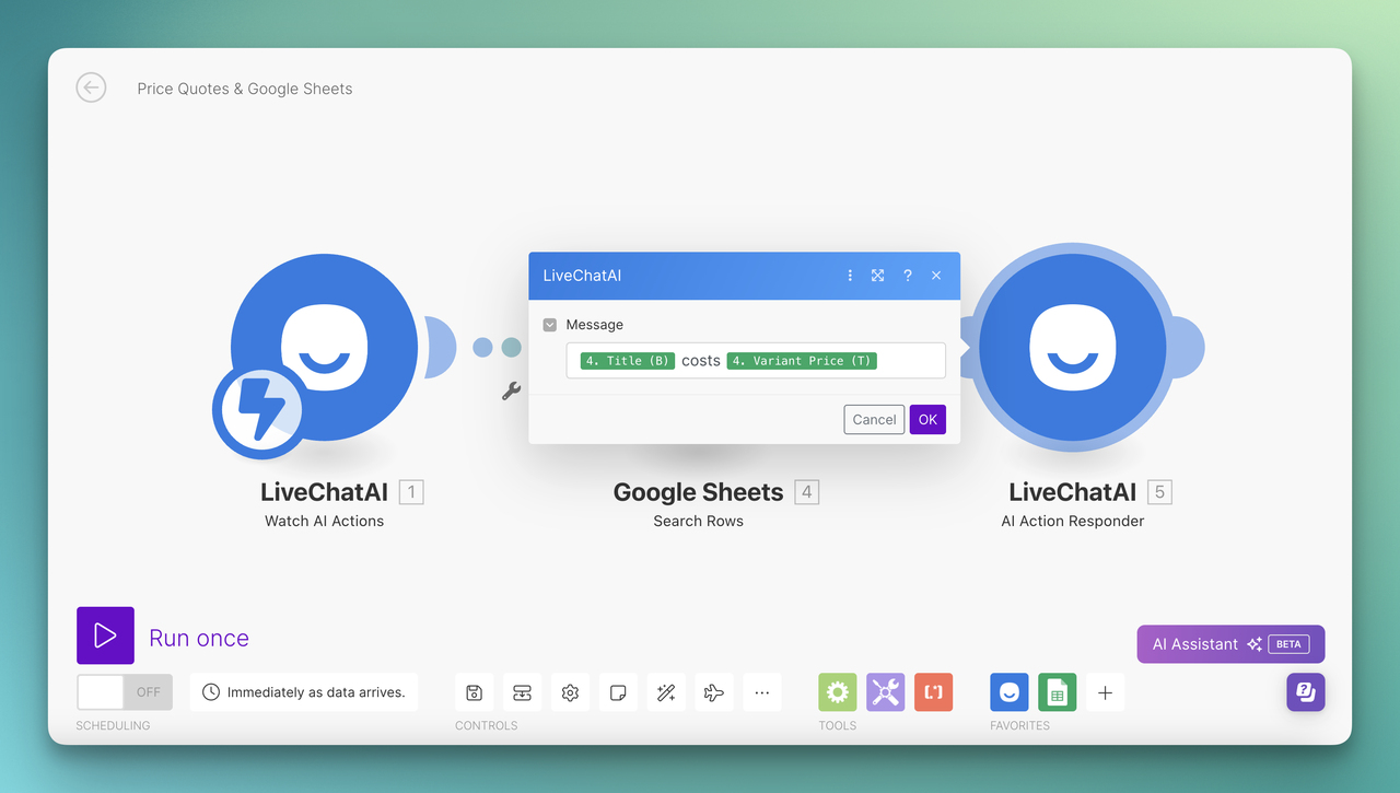 another LiveChatAI module for price quotes from Google Sheets for an AI action responder