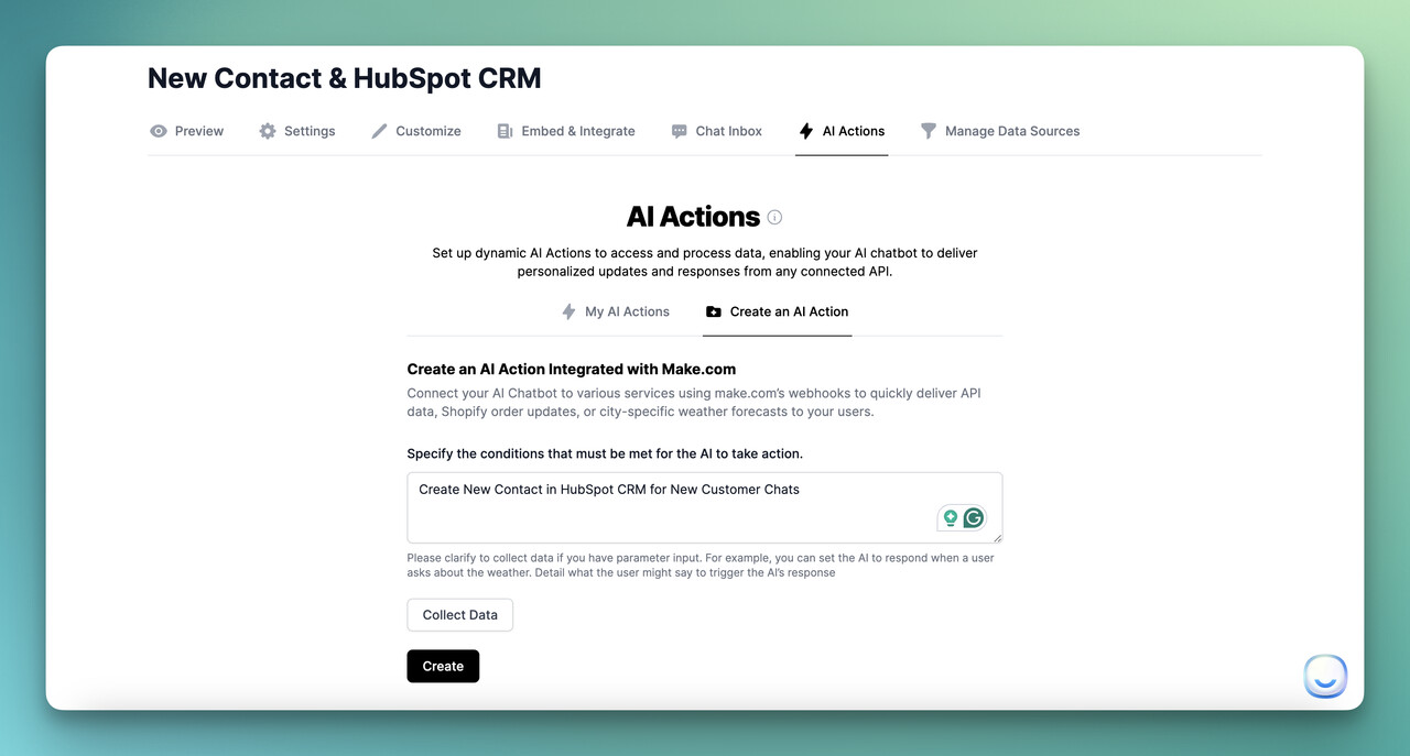 condition for specifying the aim of AI action for HubSpot CRM