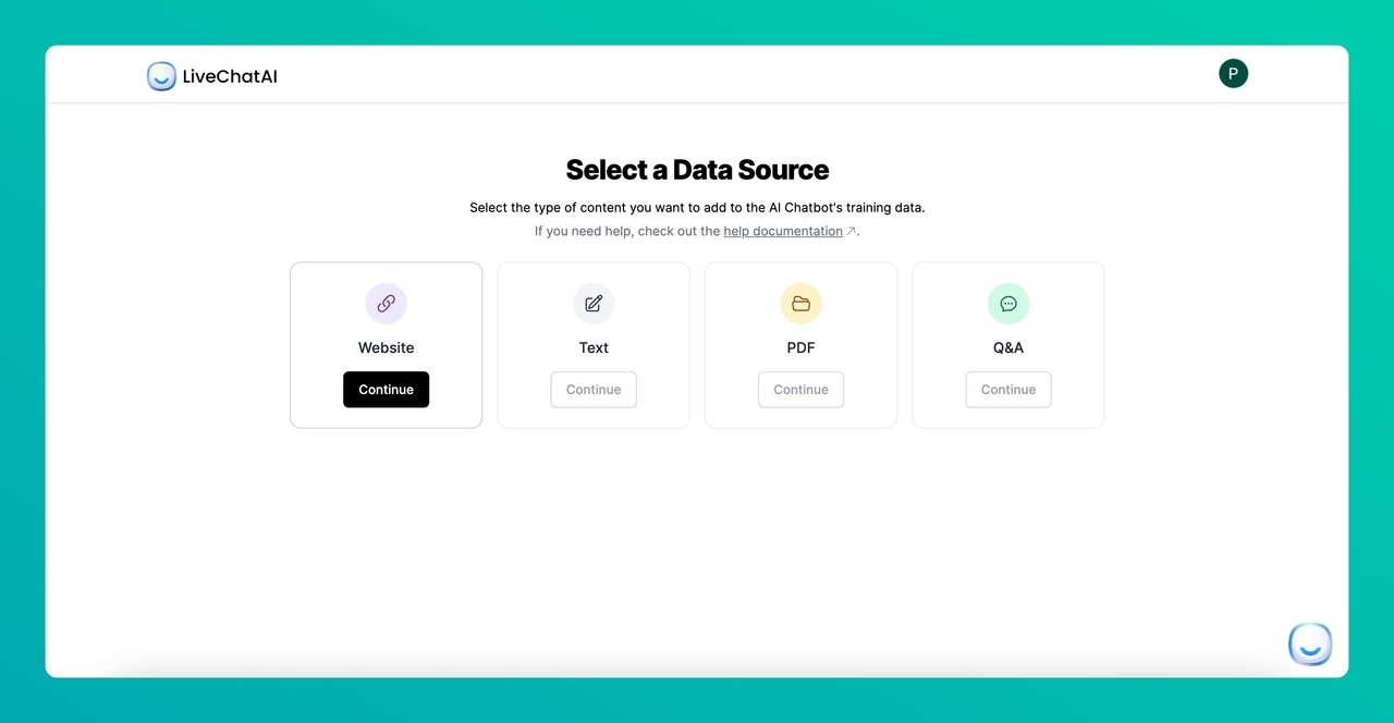 selecting a data source on LiveChatAI dashboard