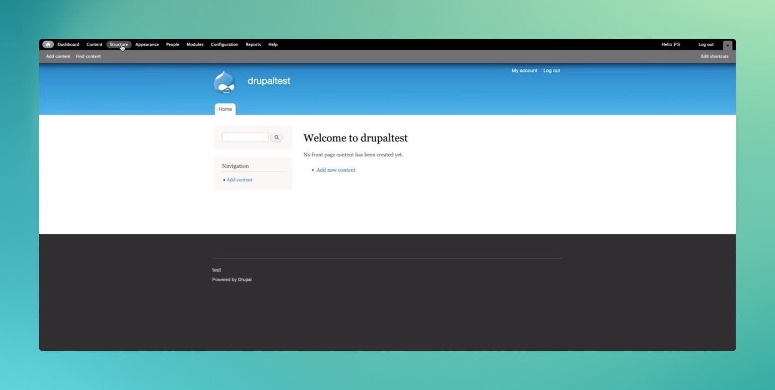 the Structure tab on Drupal