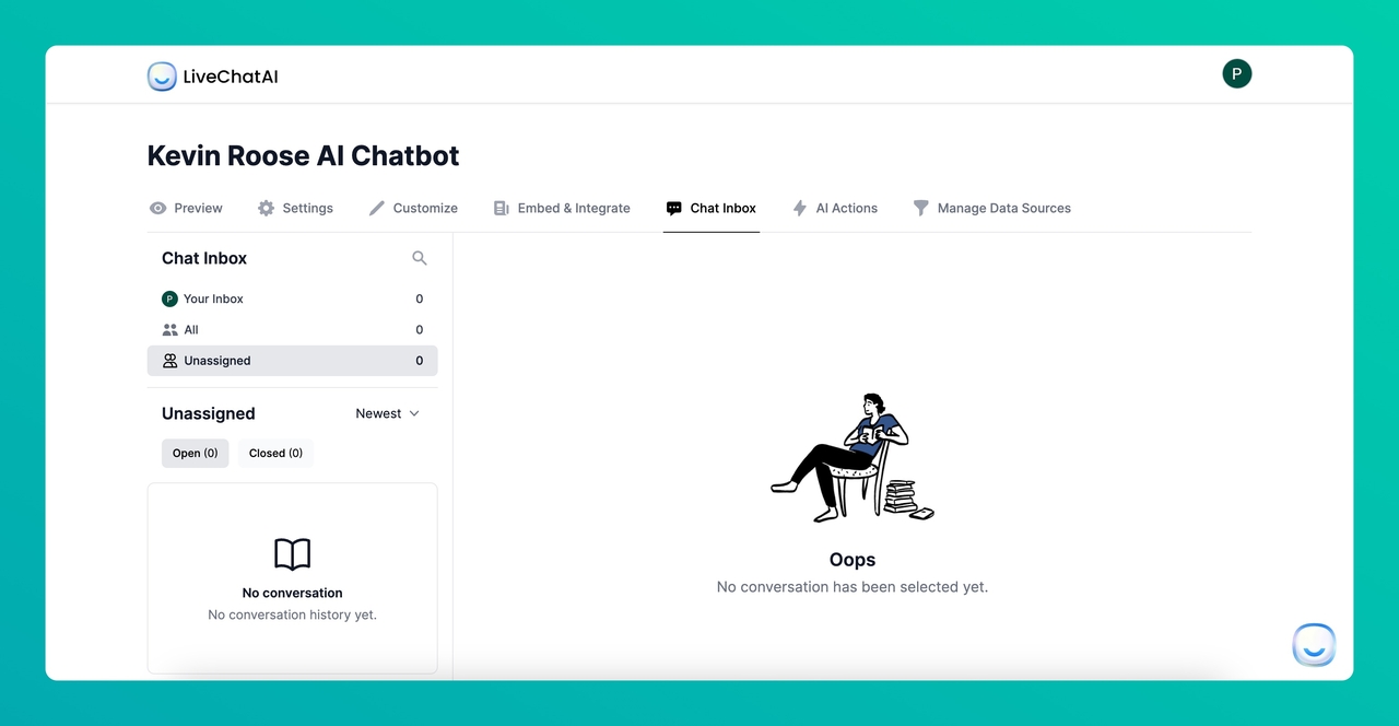 Chat Inbox section on the LiveChatAI dashboard