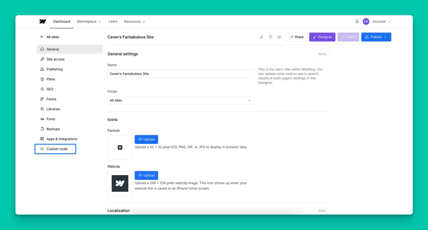 the Custom Code tab on the Webflow admin dashboard