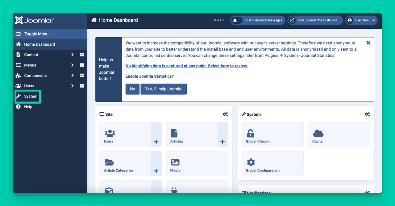 System tab on Joomla