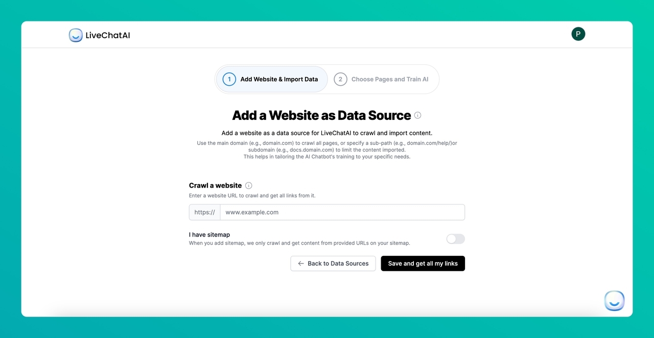 adding website as a data source on the LiveChatAI dashboard