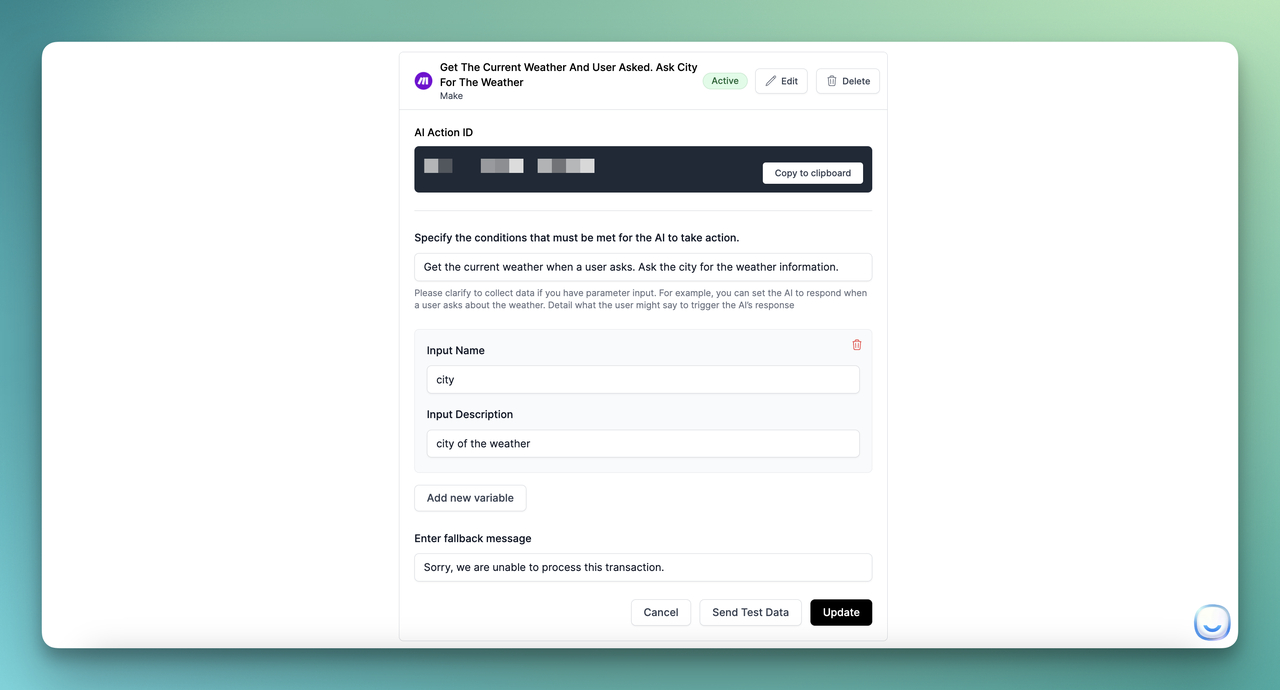 created AI action of Make.com on LiveChatAI