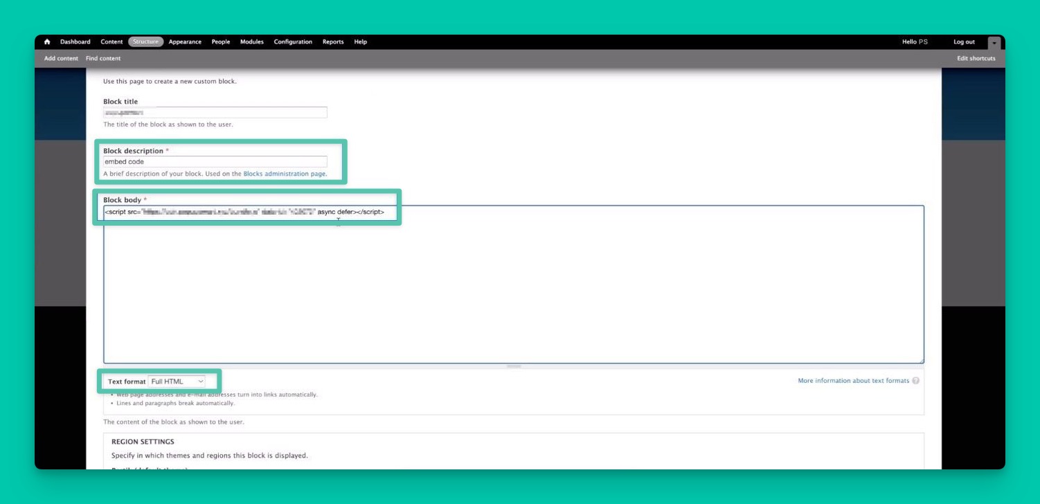 Block body field on Drupal for embedding code