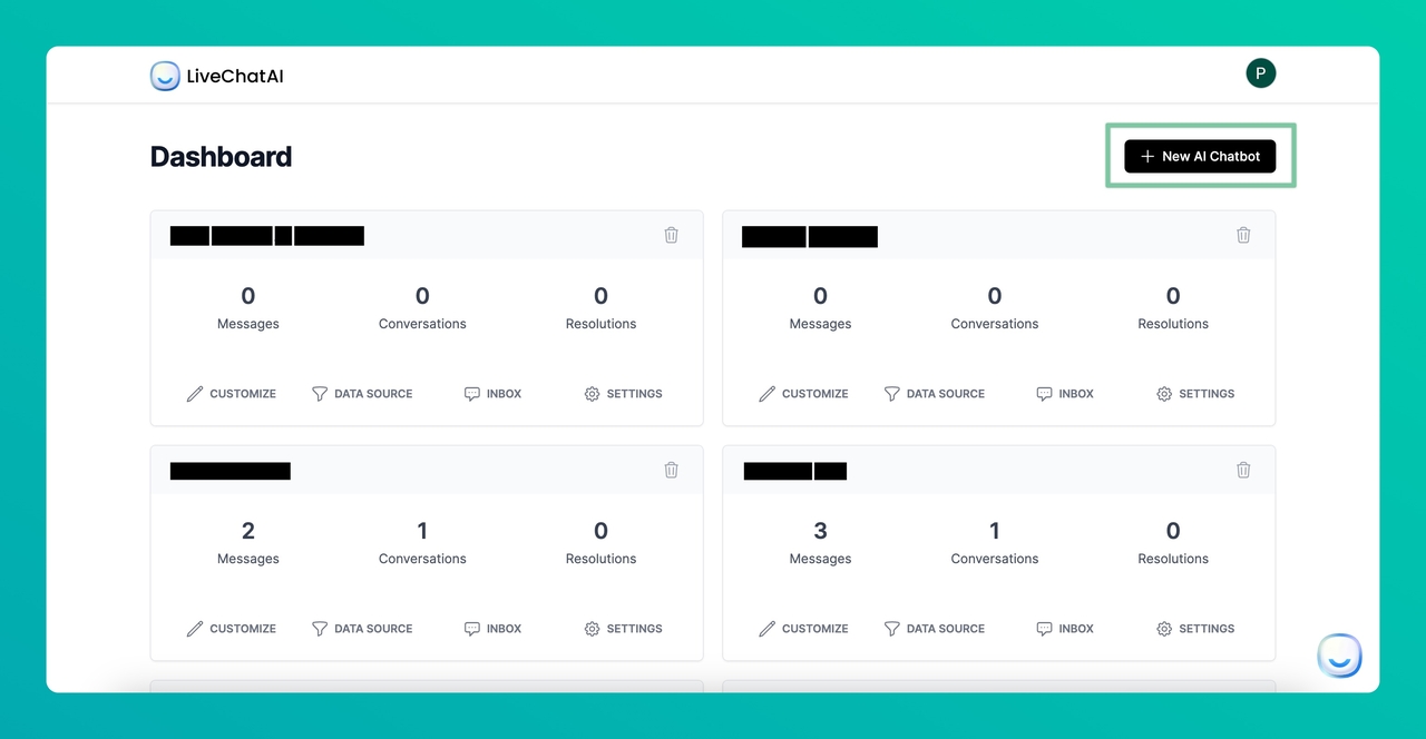 the button to add new AI chatbot on LiveChatAI