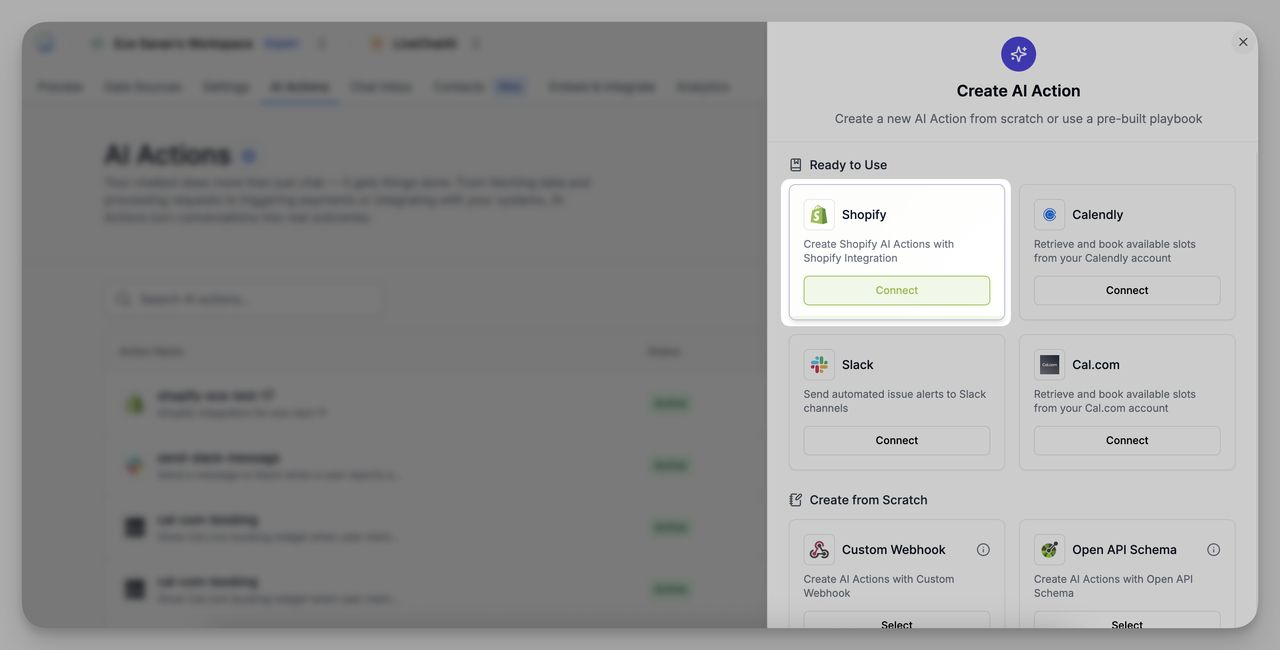 LiveChatAI AI Actions dashboard showing option to create a Shopify AI Action with Shopify integration for automation.