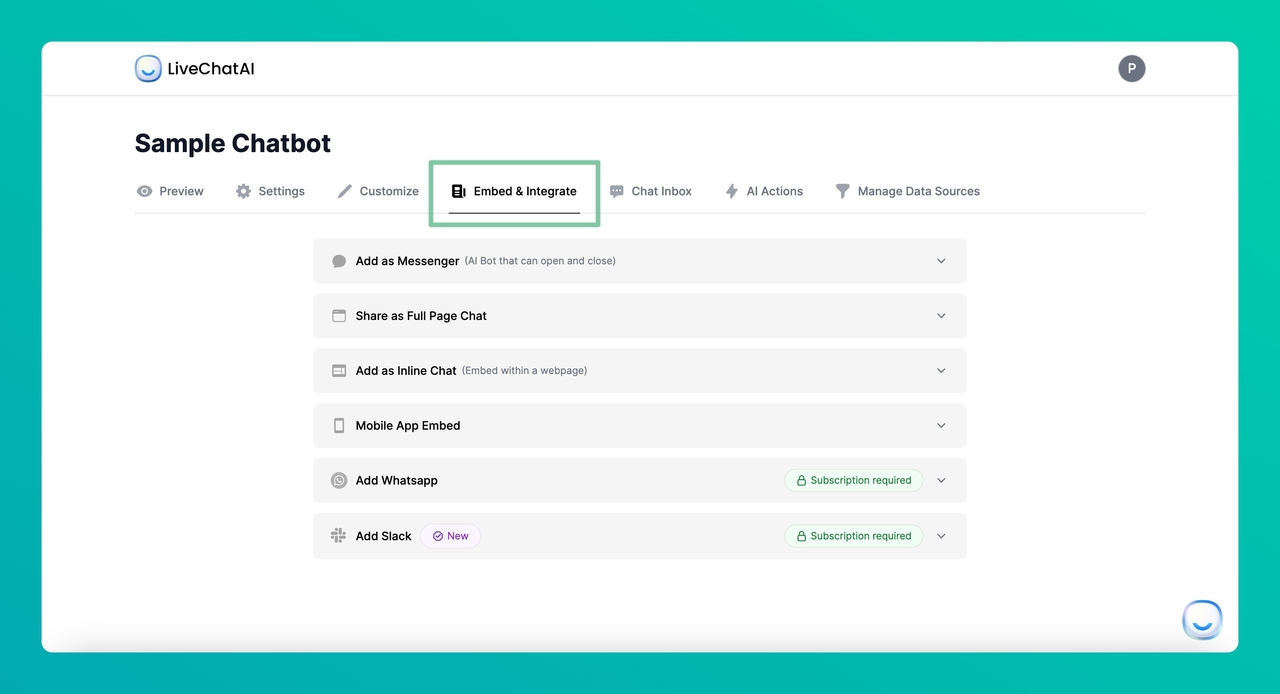 the Embed&Integrate section on the LiveChatAI dashboard