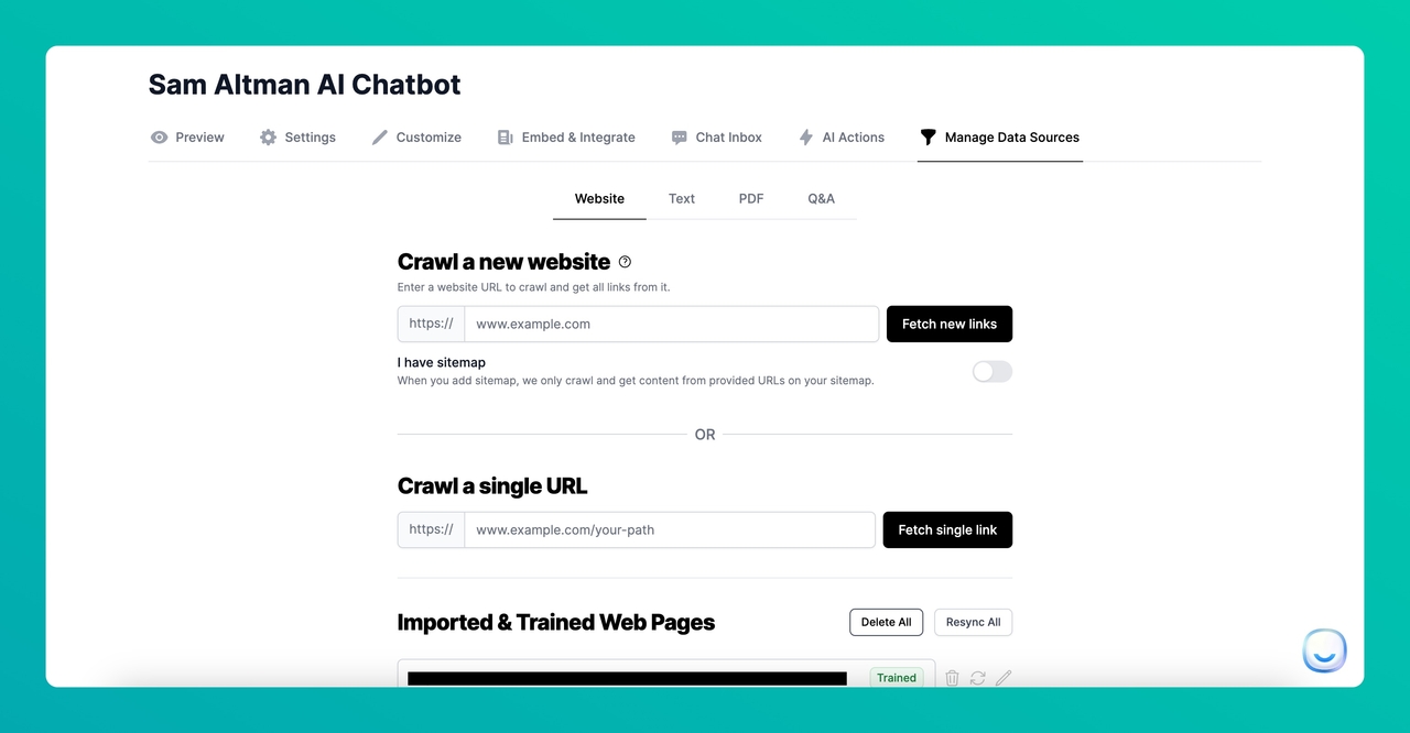 Manage data sources section of LiveChatAI dashboard