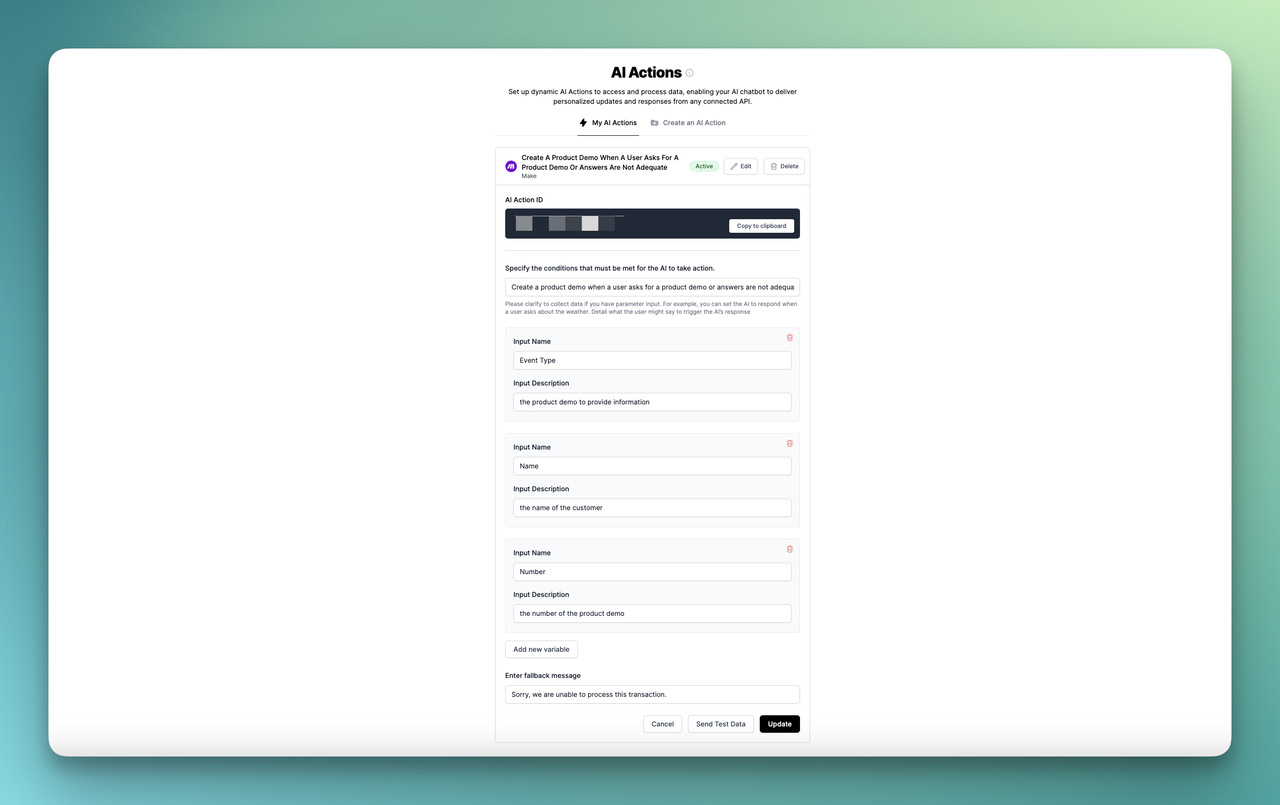 created AI action of LiveChatAI for Calendly integration
