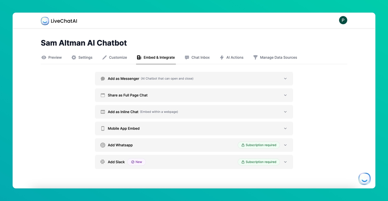 Embed&Integrate section of LiveChatAI dashboard
