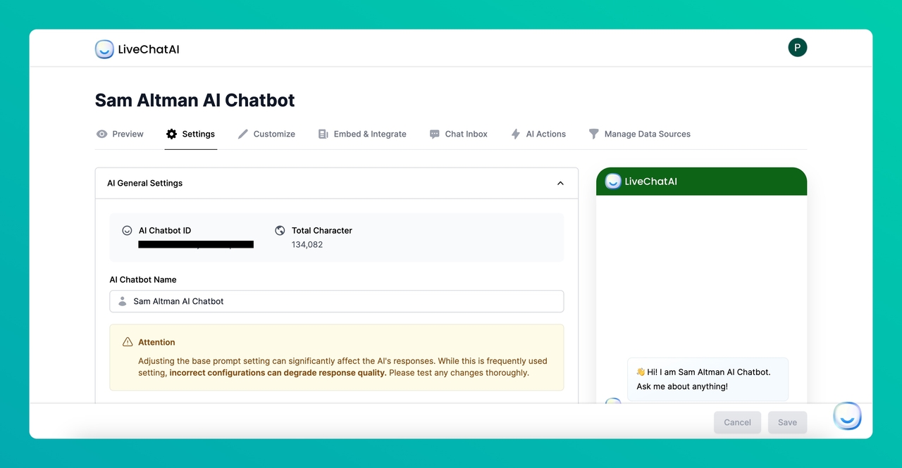 Settings section of LiveChatAI dashboard