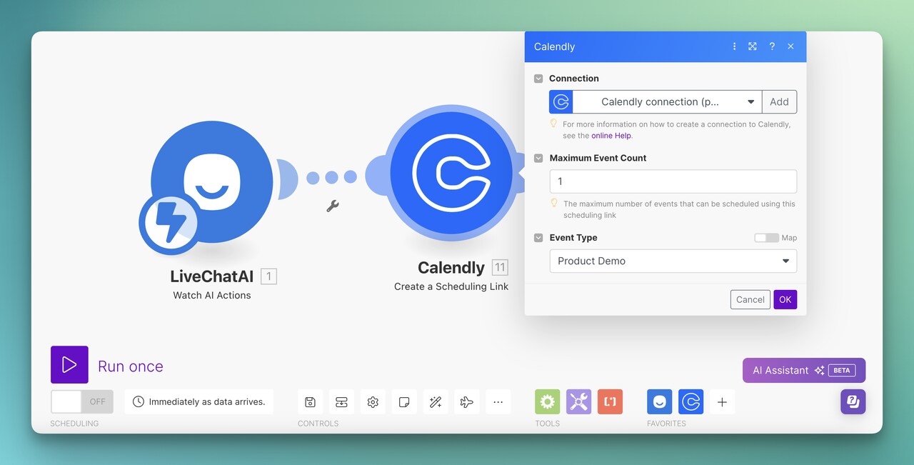 Calendly connection for creating a schedling a link