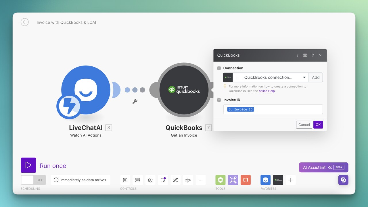 the QuickBooks module for QuickBooks and LiveChatAI integration