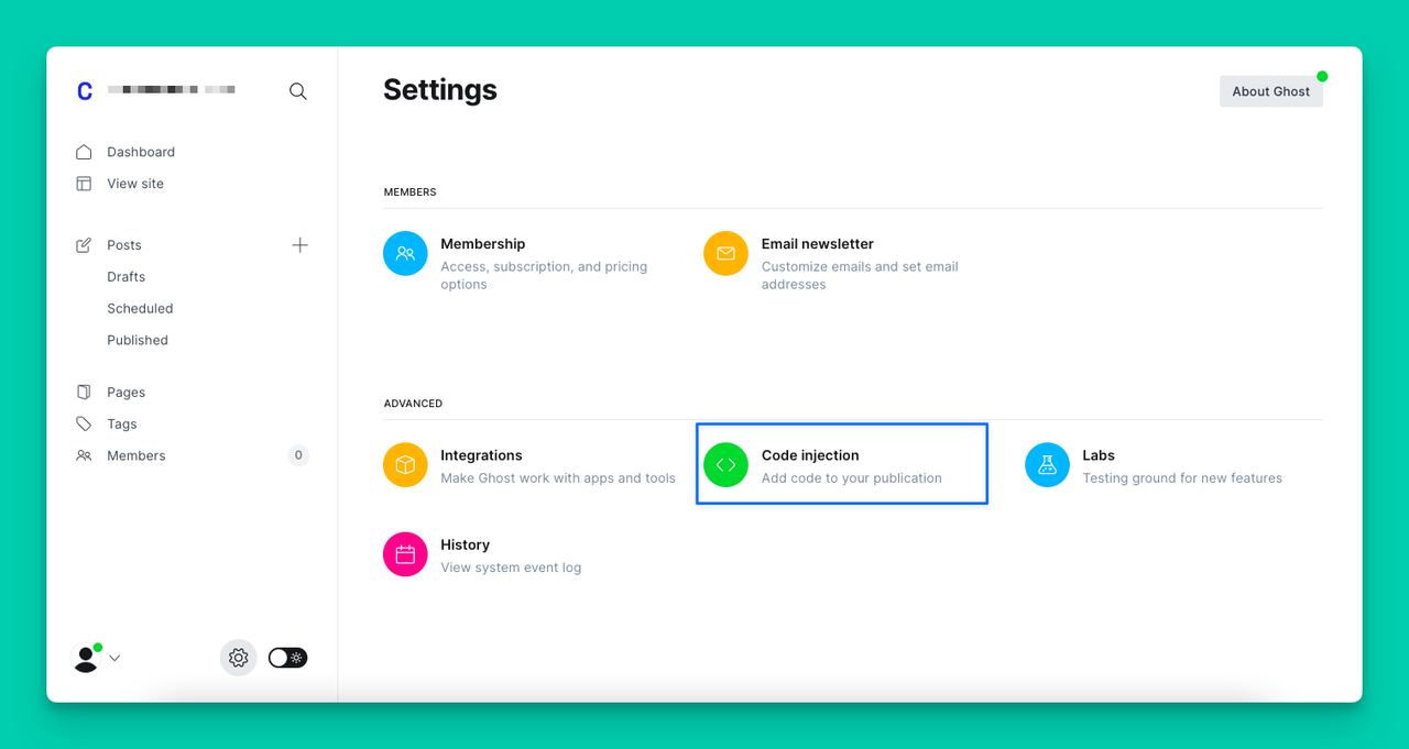 the code injection part on the Ghost settings dashboard