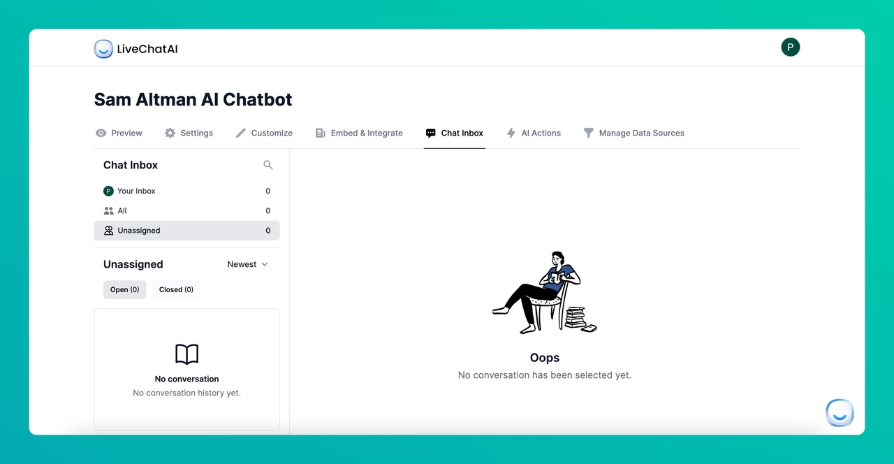 Chat inbox section of LiveChatAI dashboard