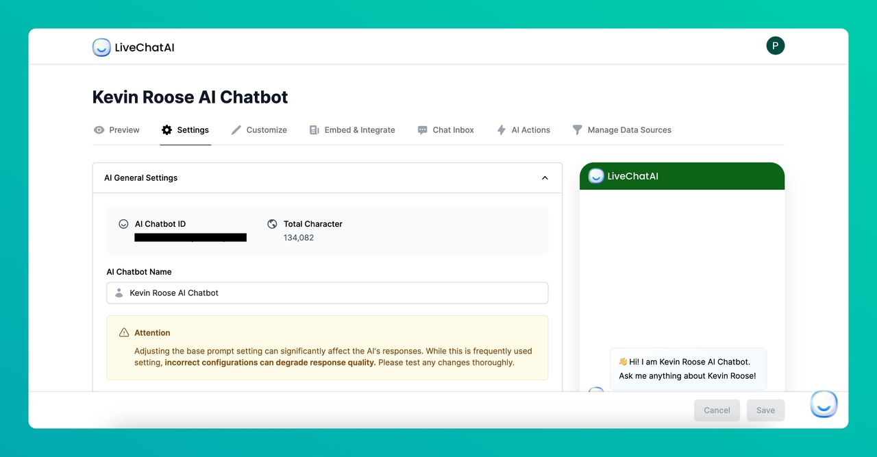 settings section on the LiveChatAI dashboard