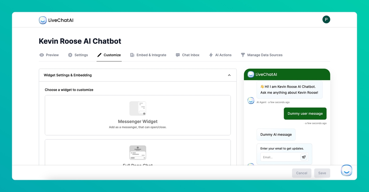 customize section on the LiveChatAI dashboard
