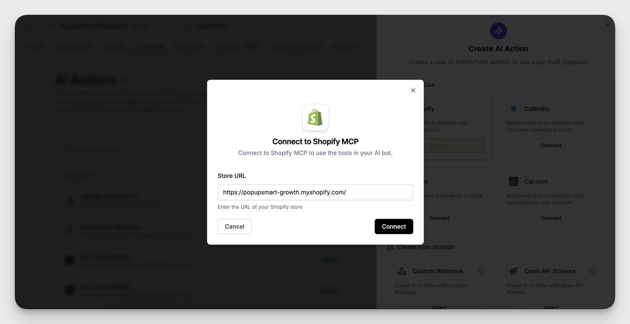 Shopify MCP connection screen in LiveChatAI where users enter their Shopify store URL to integrate AI Actions.