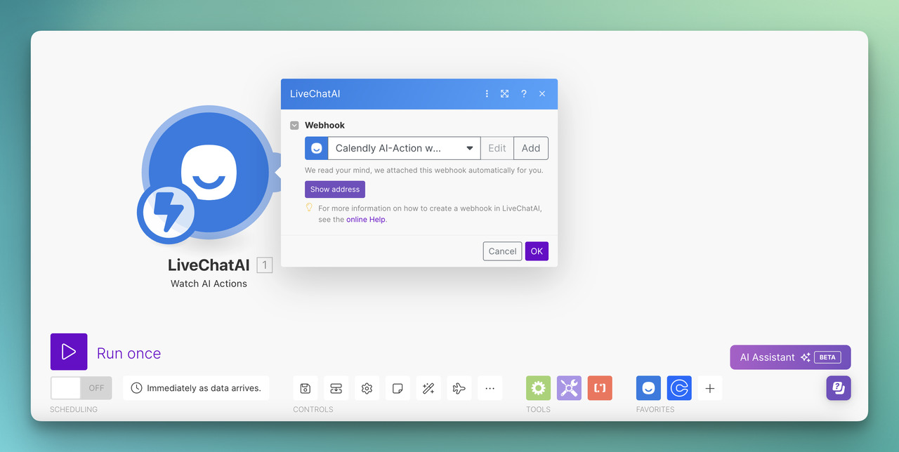 the LiveChatAI module for connecting Calenly