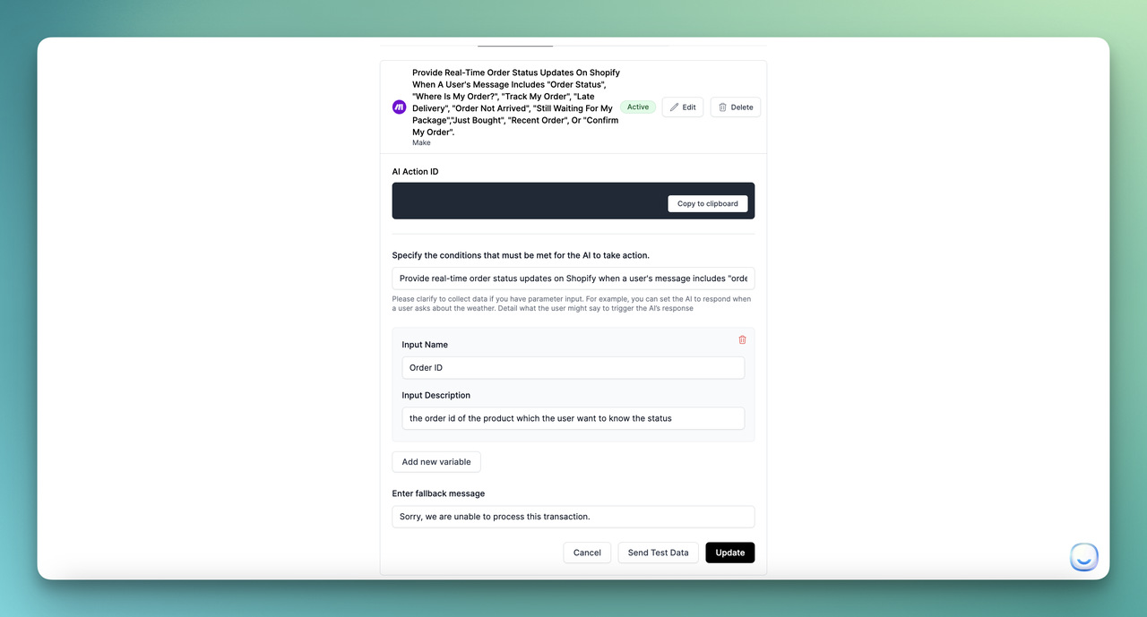 created AI action for order status update with LiveChatAI