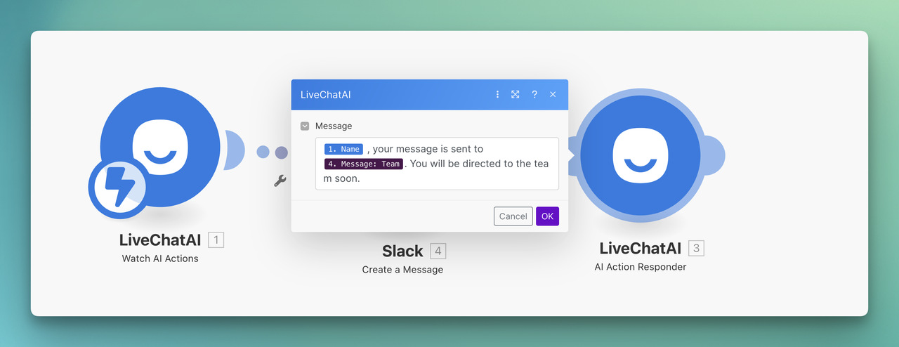 the message for AI action responder of LiveChatAI