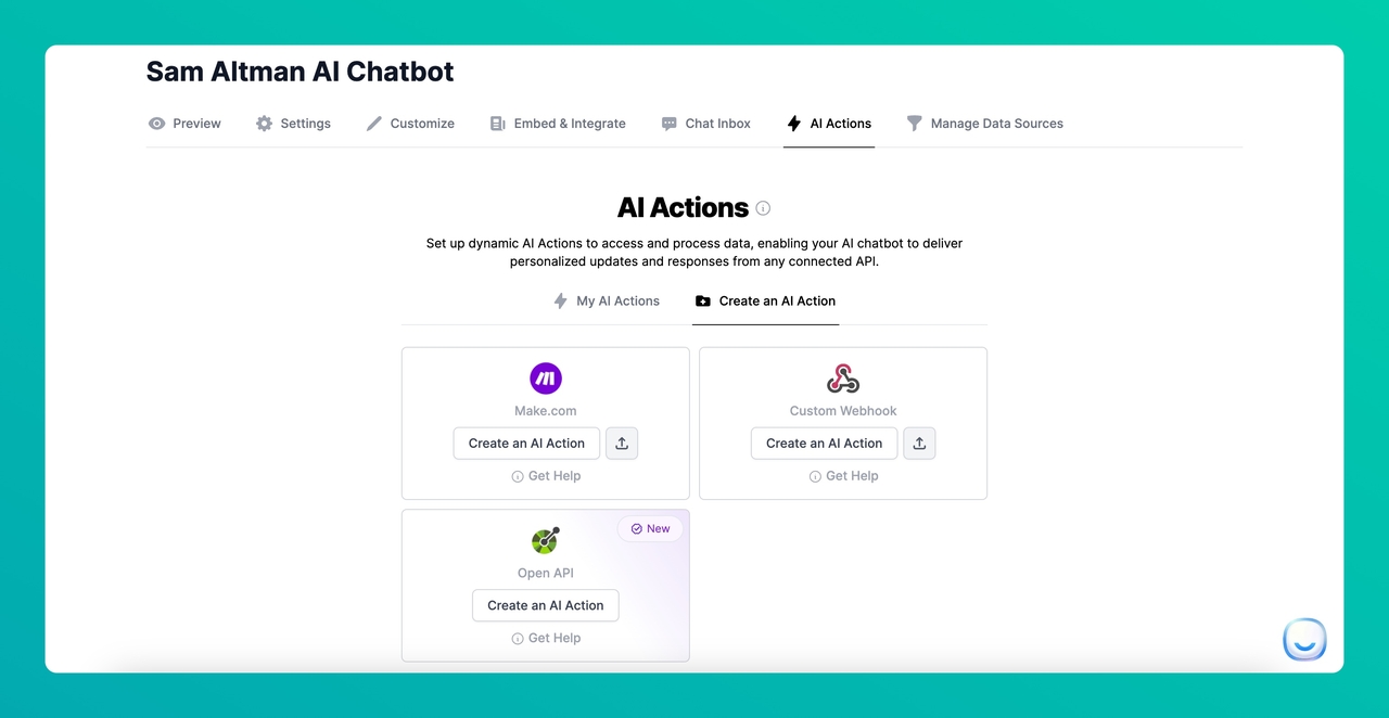 AI Actions section of LiveChatAI dashboard