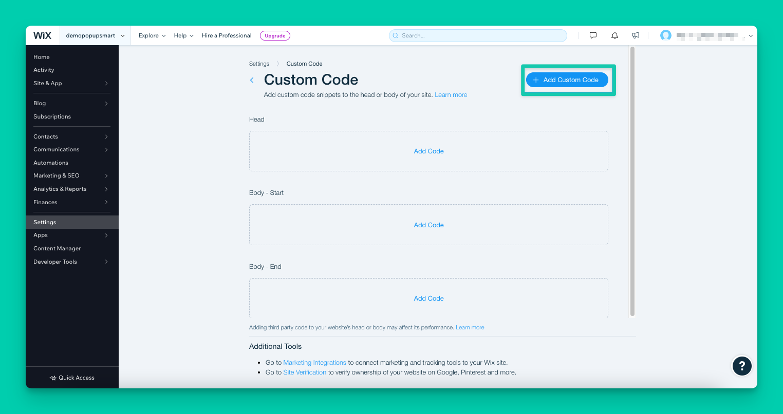 the Add custom code button on the Wix dashboard