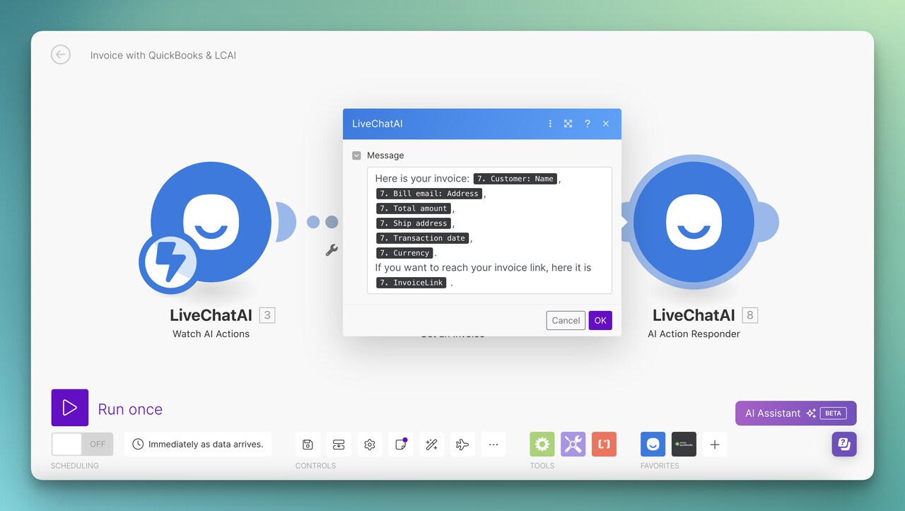 the LiveChatAI AI action responder for QuickBooks and LiveChatAI integration