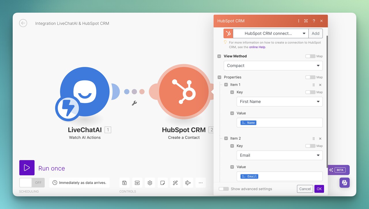 HubSpot CRM module for the scenario of creating new contacts