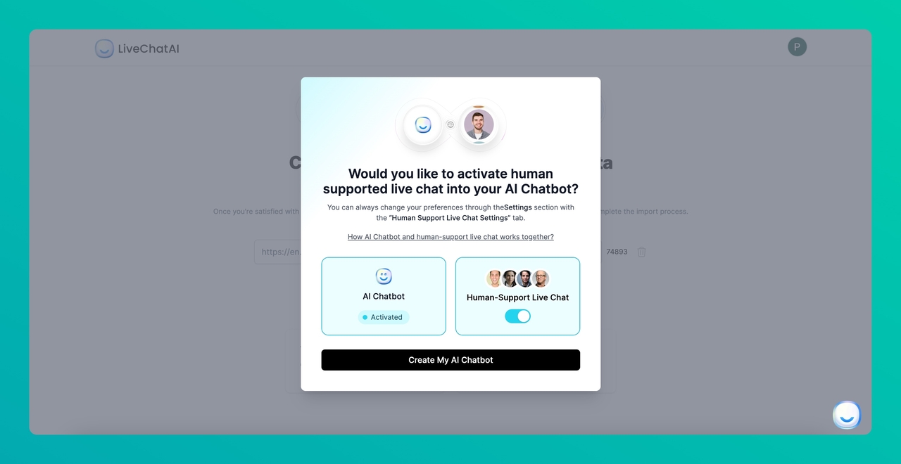 the modal to activate human live chat agent on LiveChatAI