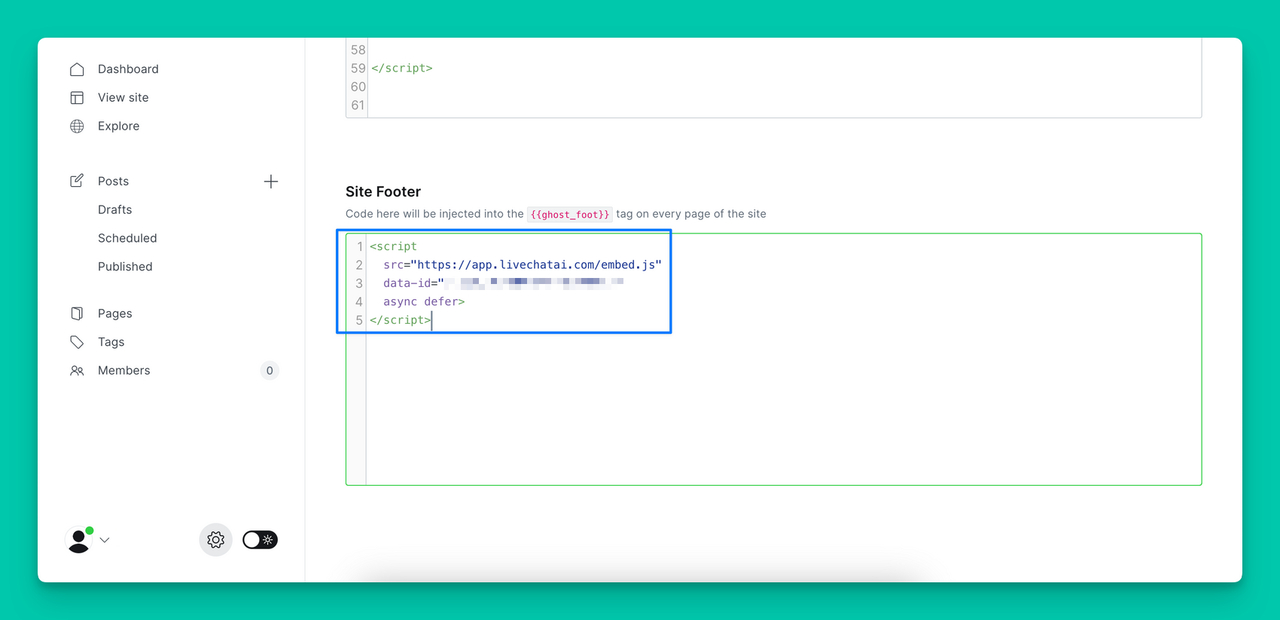 the embedded code on the Ghost dashboard