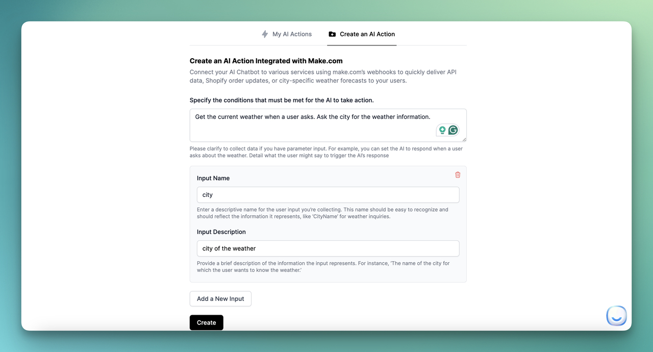 the input tab of creating AI action for Make.com