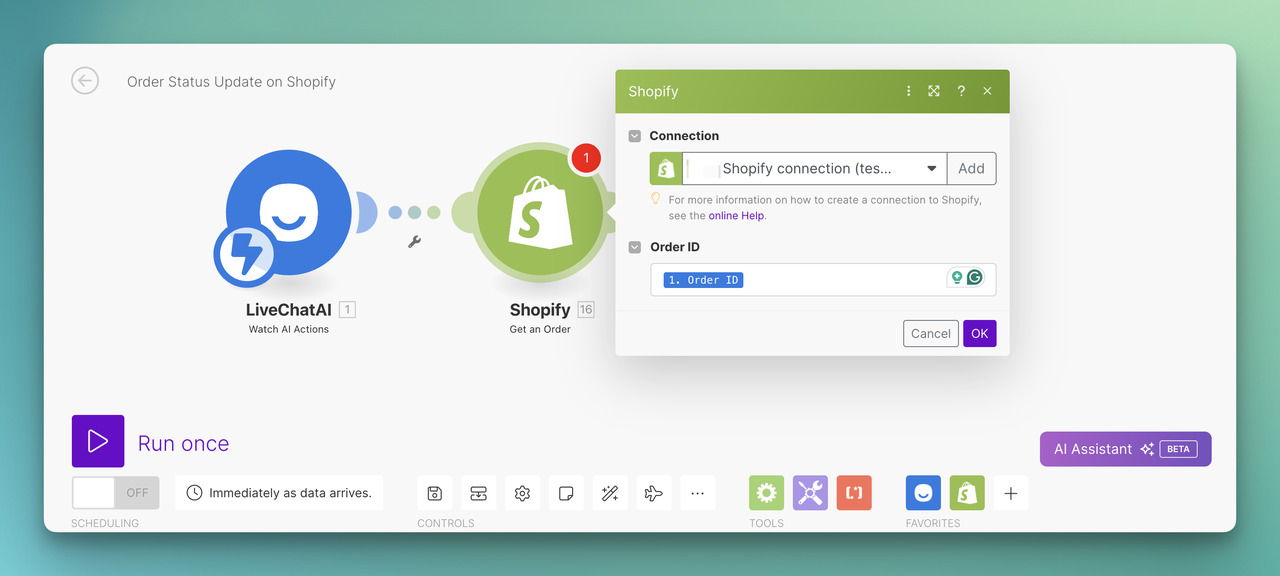 the Shopify module with the order id on Make.com