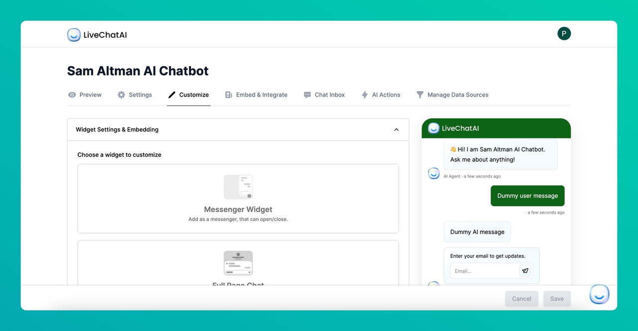 Customize section of LiveChatAI dashboard